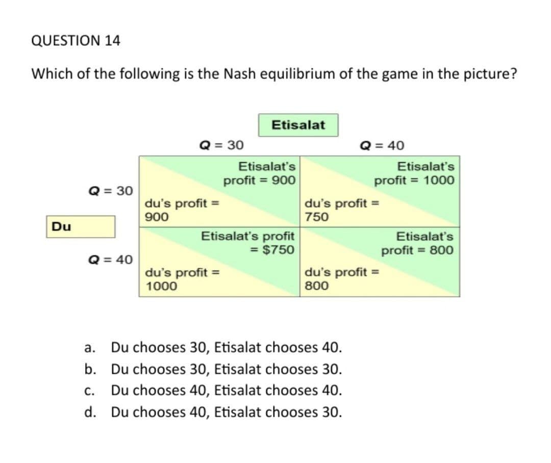 QUESTION 14
Which of the following is the Nash equilibrium of the game in the picture?
Du
Q = 30
Q = 40
Q = 30
du's profit =
900
Etisalat
du's profit =
1000
Etisalat's
profit = 900
Etisalat's profit
= $750
Q = 40
Etisalat's
profit = 1000
du's profit =
750
a. Du chooses 30, Etisalat chooses 40.
b. Du chooses 30, Etisalat chooses 30.
C. Du chooses 40, Etisalat chooses 40.
d. Du chooses 40, Etisalat chooses 30.
du's profit =
800
Etisalat's
profit = 800