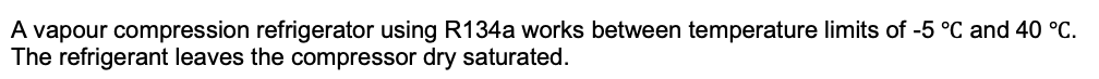 A vapour compression refrigerator using R134a works between temperature limits of -5 °C and 40 °C.
The refrigerant leaves the compressor dry saturated.