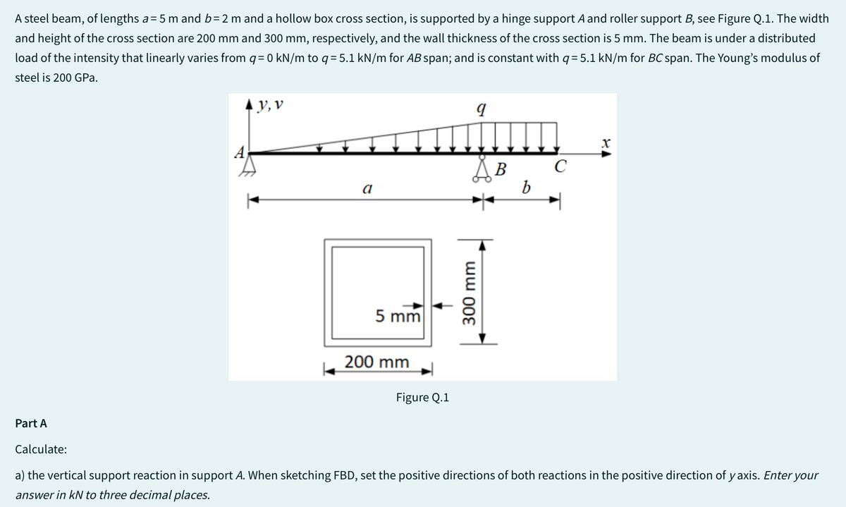 A steel beam, of lengths a = 5 m and b = 2 m and a hollow box cross section, is supported by a hinge support A and roller support B, see Figure Q.1. The width
and height of the cross section are 200 mm and 300 mm, respectively, and the wall thickness of the cross section is 5 mm. The beam is under a distributed
load of the intensity that linearly varies from q = 0 kN/m to q = 5.1 kN/m for AB span; and is constant with q= 5.1 kN/m for BC span. The Young's modulus of
steel is 200 GPa.
Part A
Calculate:
▲y, v
A
a
9
mim
Дв
5 mm
200 mm
Figure Q.1
300 mm
b
C
X
a) the vertical support reaction in support A. When sketching FBD, set the positive directions of both reactions in the positive direction of y axis. Enter your
answer in kN to three decimal places.