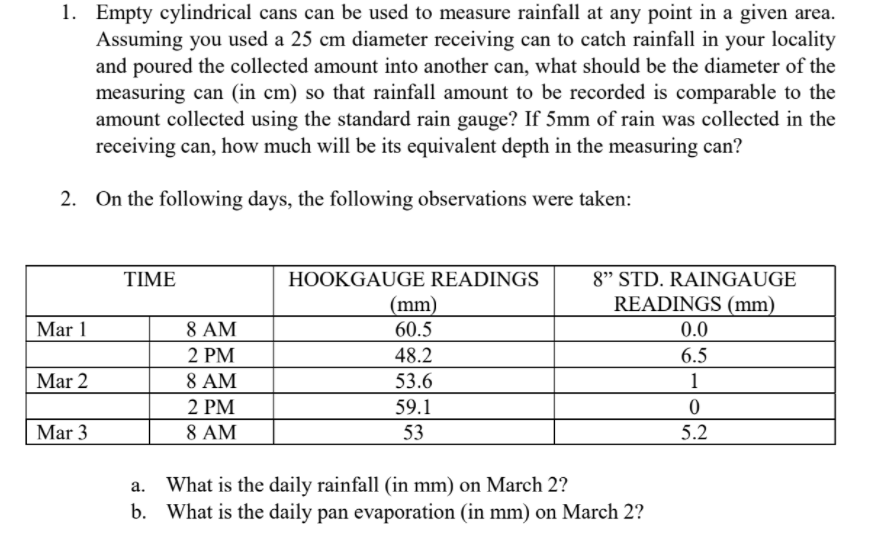 1. Empty cylindrical cans can be used to measure rainfall at any point in a given area.
Assuming you used a 25 cm diameter receiving can to catch rainfall in your locality
and poured the collected amount into another can, what should be the diameter of the
measuring can (in cm) so that rainfall amount to be recorded is comparable to the
amount collected using the standard rain gauge? If 5mm of rain was collected in the
receiving can, how much will be its equivalent depth in the measuring can?
2. On the following days, the following observations were taken:
TIME
HOOKGAUGE READINGS
8" STD. RAINGAUGE
READINGS (mm)
(mm)
60.5
Mar 1
8 AM
0.0
2 PM
48.2
6.5
Mar 2
8 AM
53.6
1
2 PM
59.1
Mar 3
8 AM
53
5.2
What is the daily rainfall (in mm) on March 2?
b. What is the daily pan evaporation (in mm) on March 2?
