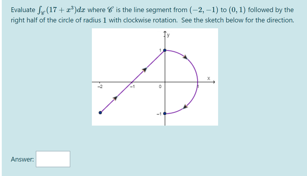 Evaluate fe(17+ x³)dx where C is the line segment from (-2, –1) to (0, 1) followed by the
right half of the circle of radius 1 with clockwise rotation. See the sketch below for the direction.
-1
Answer:
