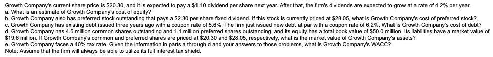 Growth Company's current share price is $20.30, and it is expected to pay a $1.10 dividend per share next year. After that, the firm's dividends are expected to grow at a rate of 4.2% per year.
a. What is an estimate of Growth Company's cost of equity?
b. Growth Company also has preferred stock outstanding that pays a $2.30 per share fixed dividend. If this stock is currently priced at $28.05, what is Growth Company's cost of preferred stock?
c. Growth Company has existing debt issued three years ago with a coupon rate of 5.6%. The firm just issued new debt
d. Growth Company has 4.5 million common shares outstanding and 1.1 million preferred shares outstanding, and its equity has a total book value of $50.0 million. Its liabilities have a market value of
$19.6 million. If Growth Company's common and preferred shares are priced at $20.30 and $28.05, respectively, what is the market value of Growth Company's assets?
e. Growth Company faces a 40% tax rate. Given the information in parts a through d and your answers
Note: Assume that the firm will always be able to utilize its full interest tax shield.
par with a coupon rate of 6.2%. What is Growth Company's cost of debt?
those problems, what is Growth Company's WACC?
