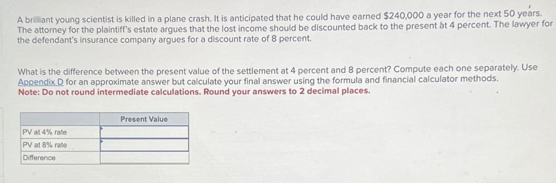 A brilliant young scientist is killed in a plane crash. It is anticipated that he could have earned $240,000 a year for the next 50 years.
The attorney for the plaintiff's estate argues that the lost income should be discounted back to the present at 4 percent. The lawyer for
the defendant's insurance company argues for a discount rate of 8 percent.
What is the difference between the present value of the settlement at 4 percent and 8 percent? Compute each one separately. Use
Appendix D for an approximate answer but calculate your final answer using the formula and financial calculator methods.
Note: Do not round intermediate calculations. Round your answers to 2 decimal places.
PV at 4% rate
PV at 8% rate
Difference
Present Value