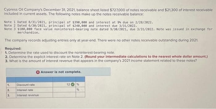 Cypress Oil Company's December 31, 2021, balance sheet listed $727,000 of notes receivable and $21,300 of interest receivable
included in current assets. The following notes make up the notes receivable balance:
Note 1 Dated 8/31/2021, principal of $390,000 and interest at 9% due on 2/28/2022.
Note 2 Dated 6/30/2021, principal of $240,000 and interest due 3/31/2022.
Note 3 $100,000 face value noninterest-bearing note dated 9/30/2021, due 3/31/2022. Note was issued in exchange for
merchandise.
The company records adjusting entries only at year-end. There were no other notes receivable outstanding during 2021.
Required:
1. Determine the rate used to discount the noninterest-bearing note.
2. Determine the explicit interest rate on Note 2. (Round your intermediate calculations to the nearest whole dollar amount.)
3. What is the amount of interest revenue that appears in the company's 2021 income statement related to these notes?
1.
2.
3.
Discount rate
Interest rate
Interest revenue
Answer is not complete.
12 %
%