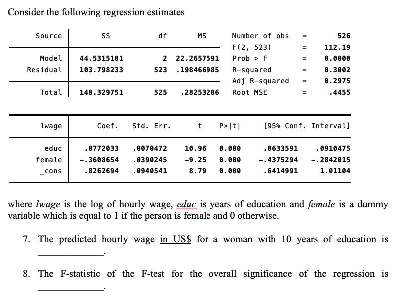 Consider the following regression estimates
Source
SS
df
526
112.19
Model
44.5315181
2
0.0000
Residual
103.798233
523
0.3002
0.2975
Total
148.329751
525
.4455
lwage
Coef. Std. Err.
t P>|t|
[95% Conf. Interval]
.0633591
.0910475
educ
female
_cons
.0772033 .0070472
-.3608654 .0390245
.8262694 .0940541
10.96 0.000
-9.25 0.000
8.79 0.000
-.4375294
-.2842015
.6414991
1.01104
where Iwage is the log of hourly wage, educ is years of education and female is a dummy
variable which is equal to 1 if the person is female and 0 otherwise.
7. The predicted hourly wage in US$ for a woman with 10 years of education is
8. The F-statistic of the F-test for the overall significance of the regression is
MS
22.2657591
. 198466985
.28253286
Number of obs
F(2, 523)
Prob > F
R-squared
Adj R-squared
Root MSE
|| || || || || ||
=
