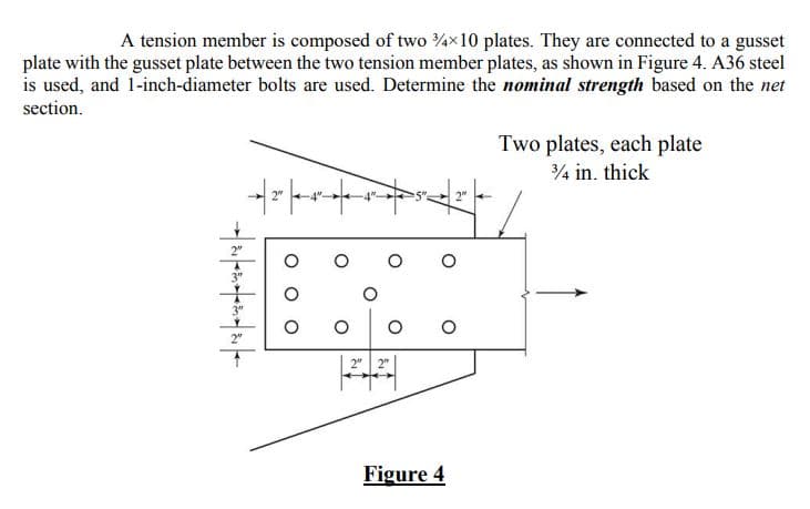 A tension member is composed of two 3/4×10 plates. They are connected to a gusset
plate with the gusset plate between the two tension member plates, as shown in Figure 4. A36 steel
is used, and 1-inch-diameter bolts are used. Determine the nominal strength based on the net
section.
|||||
O
O
2"
O
2"
O
Figure 4
Two plates, each plate
3/4 in. thick