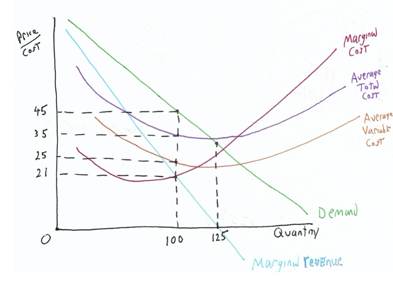 Price
Cost
Margnal
Cost
45
Averaye
Totw
Cost
35
25
Averaye
Varube
Cost
21
Demand
Quantmy
100
125
Marginal revenue
