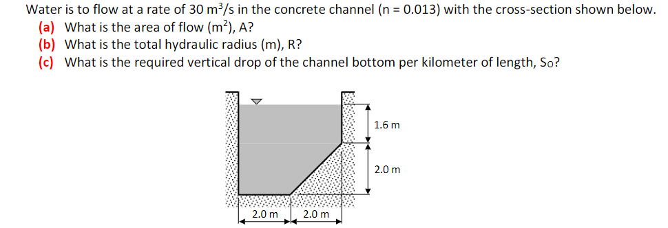Water is to flow at a rate of 30 m³/s in the concrete channel (n = 0.013) with the cross-section shown below.
(a) What is the area of flow (m²), A?
(b) What is the total hydraulic radius (m), R?
(c) What is the required vertical drop of the channel bottom per kilometer of length, So?
1.6 m
2.0 m
2.0 m
2.0 m