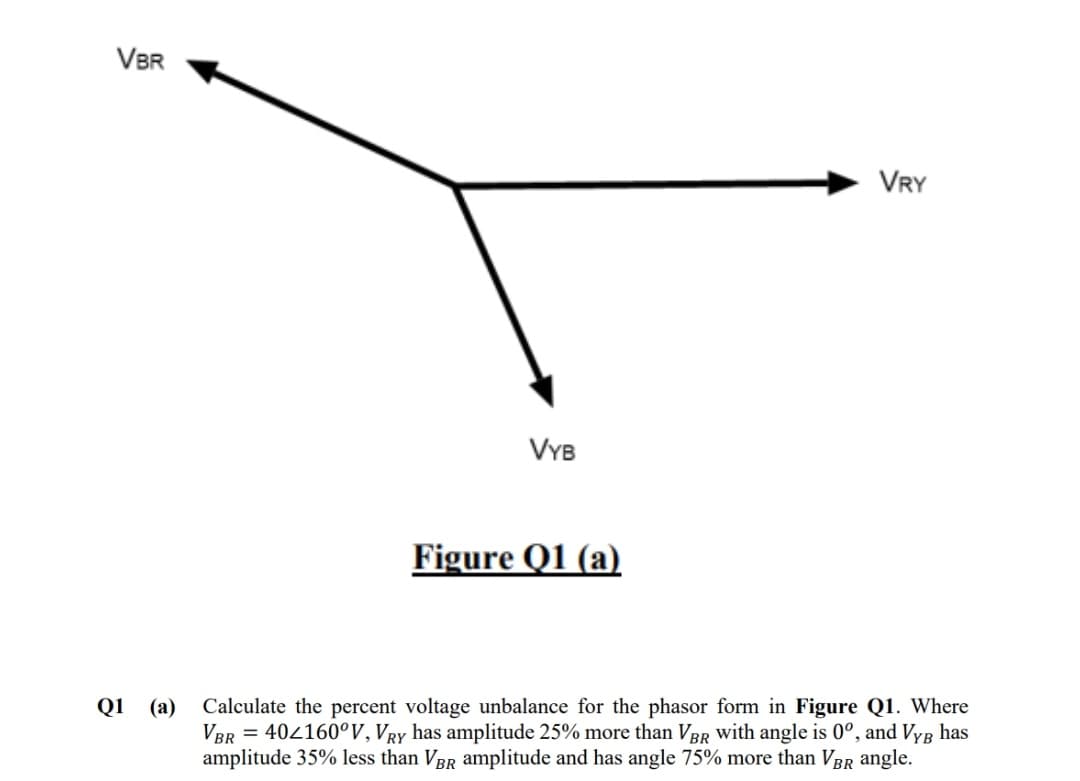 VBR
VRY
VYB
Figure Q1 (a)
Q1 (a)
Calculate the percent voltage unbalance for the phasor form in Figure Q1. Where
VBR = 404160°V, VRY has amplitude 25% more than VBR with angle is 0°, and Vyg has
amplitude 35% less than VBr amplitude and has angle 75% more than VBR angle.
