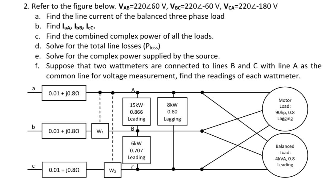 2. Refer to the figure below. VAB=220260 V, VBc=2202-60 V, VCA=2202-180 V
a. Find the line current of the balanced three phase load
b. Find laa, Ib, Icc.
c. Find the combined complex power of all the loads.
d. Solve for the total line losses (Ploss)
e. Solve for the complex power supplied by the source.
f. Suppose that two wattmeters are connected to lines B and C with line A as the
common line for voltage measurement, find the readings of each wattmeter.
a
0.01 + j0.80
Motor
15kW
8kW
Load:
0.80
90hp, 0.8
Lagging
0.866
Leading
Lagging
b
0.01 + j0.8N
W1
6kW
Balanced
0.707
Load:
Leading
4KVA, 0.8
Leading
0.01 + j0.8N
W2
