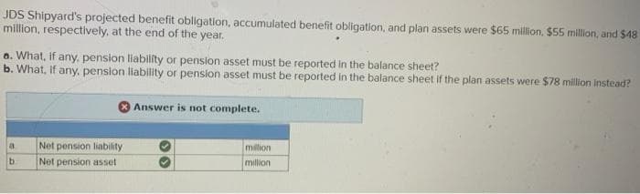 JDS Shipyard's projected benefit obligation, accumulated benefit obligation, and plan assets were $65 million, $55 million, and $48
million, respectively, at the end of the year.
a. What, if any, pension liability or pension asset must be reported in the balance sheet?
b. What, if any, pension liability or pension asset must be reported in the balance sheet if the plan assets were $78 million instead?
a
b
Net pension liability
Net pension asset
Answer is not complete.
million
million