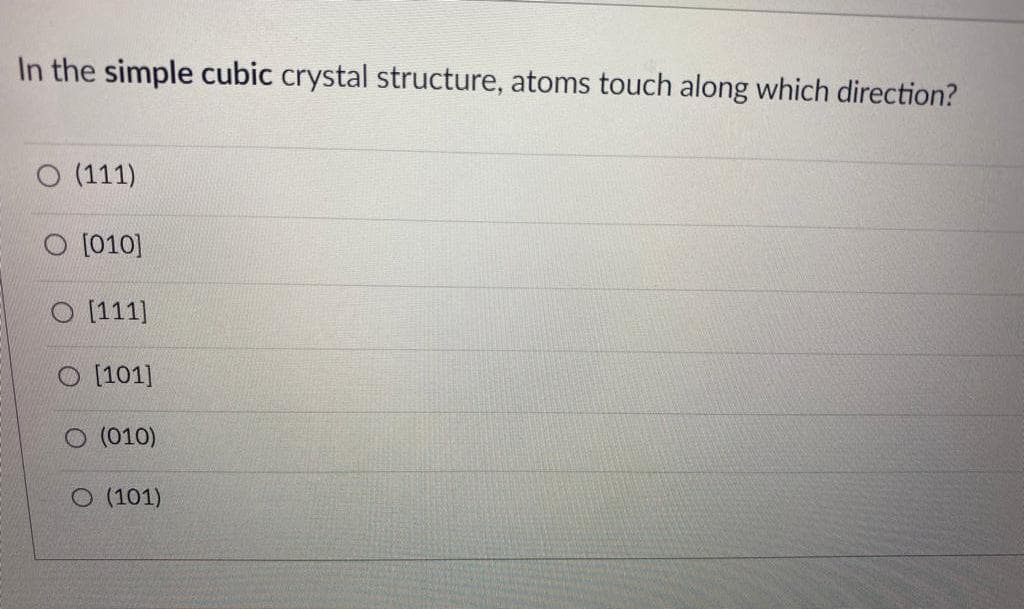 In the simple cubic crystal structure, atoms touch along which direction?
O (111)
[010]
O [111]
O [101]
O (010)
O (101)
