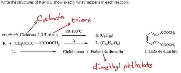 Write the structures of Kand L, show exactly what happens in each reaction.
Cycloocta triene
80-100°C
cis,cis,cis-Cicloocta-1,3,5-trieno
K (C;H10)
COOCH3
A
K + CH;00CC=CCOOCH,
L (C,H1604)
COOCH3
Ciclobuteno + Ftalato de dimetilo
Ftalato de dimetilo
dimethyl pht he laete
