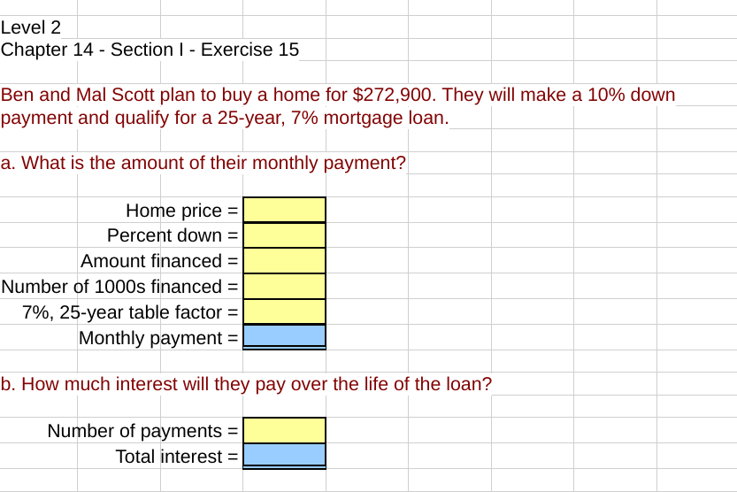 Level 2
Chapter 14 - Section I - Exercise 15
Ben and Mal Scott plan to buy a home for $272,900. They will make a 10% down
payment and qualify for a 25-year, 7% mortgage loan.
a. What is the amount of their monthly payment?
Home price =
Percent down =
Amount financed =
Number of 1000s financed =
7%, 25-year table factor =
Monthly payment =
b. How much interest will they pay over the life of the loan?
Number of payments =
Total interest =
