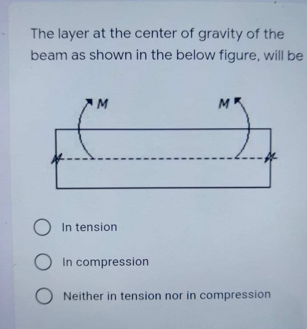 The layer at the center of gravity of the
beam as shown in the below figure, will be
M
M
MJ
O In tension
O In compression
ONeither in tension nor in compression