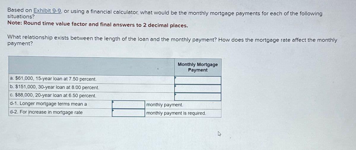 Based on Exhibit 9-9, or using a financial calculator, what would be the monthly mortgage payments for each of the following
situations?
Note: Round time value factor and final answers to 2 decimal places.
What relationship exists between the length of the loan and the monthly payment? How does the mortgage rate affect the monthly
payment?
a. $61,000, 15-year loan at 7.50 percent.
b. $151,000, 30-year loan at 8.00 percent.
c. $88,000, 20-year loan at 6.50 percent.
d-1. Longer mortgage terms mean a
d-2. For increase in mortgage rate
Monthly Mortgage
Payment
monthly payment.
monthly payment is required.