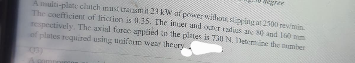 A multi-plate clutch must transmit 23 kW of power without slipping at 2500 rev/min.
The coefficient of friction is 0.35. The inner and outer radius are 80 and 160 mm
respectively. The axial force applied to the plates is 730 N. Determine the number
of plates required using uniform wear theory.
(3)
A compressor
degree