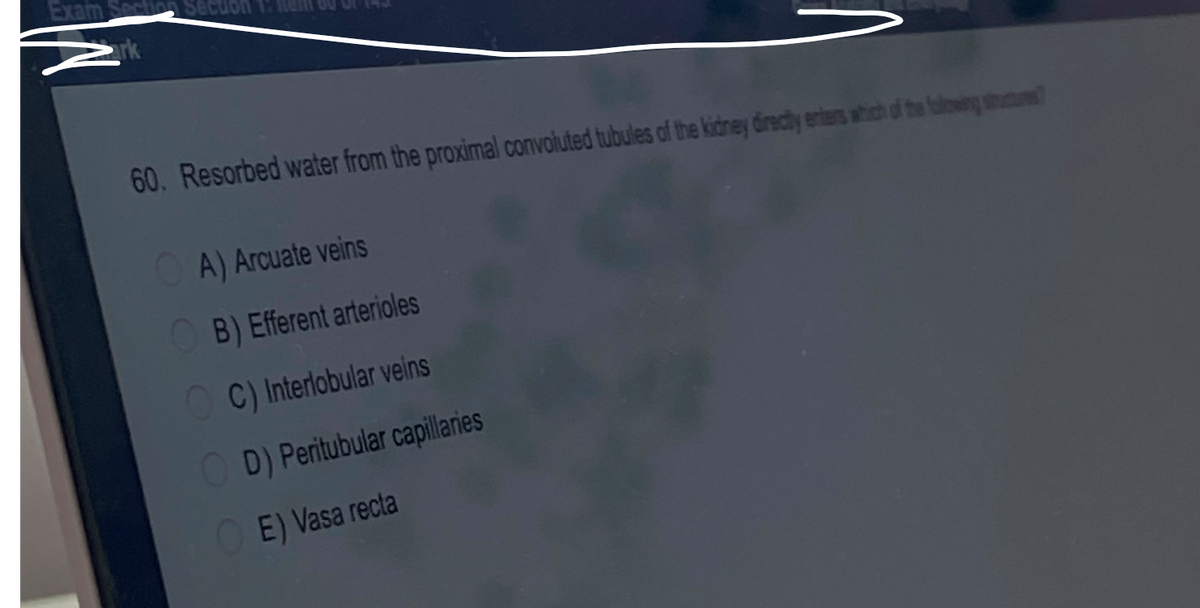 Examm Section cuon
60. Resorbed water from the proximal convoluted tubules of the kidney directly enters which of the following status]
A) Arcuate veins
OB) Efferent arterioles
OC) Interlobular veins
OD) Peritubular capillaries
E) Vasa recta