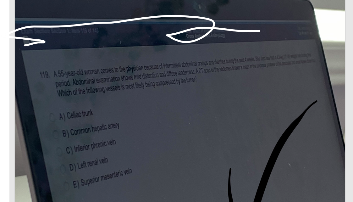 in Section 1: from 119 of 143
CA) Celiac trunk
OB) Common hepatic artery
C) Inferior phrenic vein
Gross An
119. A 55-year-old woman comes to the physician because of intermittent abdominal cramps and dianthea during the past 4 weeks. She was tas Sp
period. Abdominal examination shows mild distention and diffuse tenderness. A CT scan of the abdomen shows a mass in the unde possohe pse n
Which of the following vessels is most likely being compressed by the tumor?
OD) Left renal vein
OE) Superior mesenteric vein
d Embryology
S