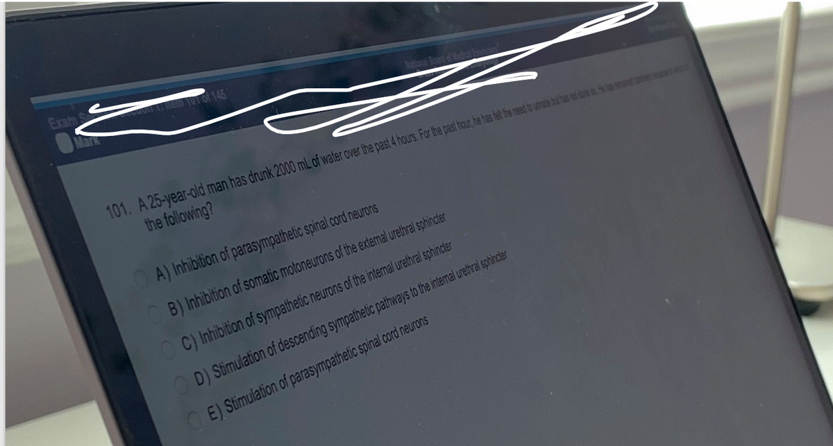 1: Hem 101 of 145
ell
101. A 25-year-old man has drunk 2000 mL of water over the past 4 hours. For the past hour, he has fet the need to urinate but has a de
the following?
Exam S
A) Inhibition of parasympathetic spinal cord neurons
OB) Inhibition of somatic motoneurons of the external urethral sphincter
OC) Inhibition of sympathetic neurons of the internal urethral sphincter
OD) Stimulation of descending sympathetic pathways to the internal urethral sphincter
OE) Stimulation of parasympathetic spinal cord neurons