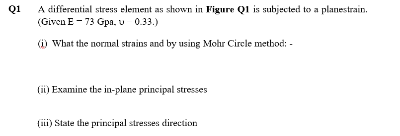 Q1
A differential stress element as shown in Figure Q1 is subjected to planestrain.
(Given E = 73 Gpa, v = 0.33.)
(1) What the normal strains and by using Mohr Circle method: -
(ii) Examine the in-plane principal stresses
(iii) State the principal stresses direction