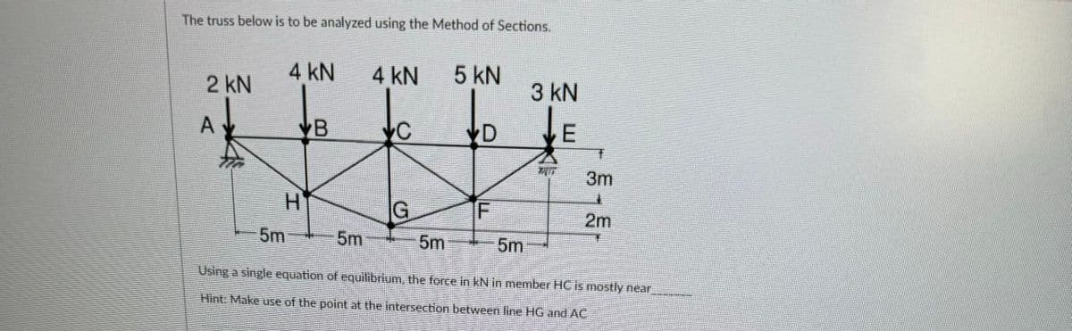 The truss below is to be analyzed using the Method of Sections.
2 kN
4 kN
H
5m
B
5m
4 kN
C
G
5m
5 kN
VD
F
5m
3 kN
E
T
3m
4
2m
Using a single equation of equilibrium, the force in kN in member HC is mostly near
Hint: Make use of the point at the intersection between line HG and AC
S