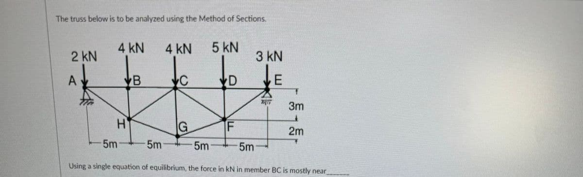 The truss below is to be analyzed using the Method of Sections.
2 kN
A
4
4 kN
5m
VB
H
5m
4 kN
C
G
5m
5 kN
VD
F
5m
3 KN
E
L
T
3m
2m
Using a single equation of equilibrium, the force in kN in member BC is mostly near