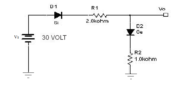 D1
R1
Vo
2.0kohm
Si
D2
Ge
Vs
30 VOLT
R2
1.0kohm
