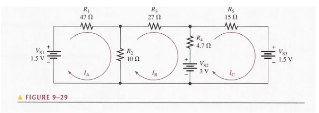 VSI
1.5 V'
A FIGURE 9-29
R₁
47 Ω
www
www
R₂
10 Q2
R3
27 02
www
IB
R₁
4.7 Ω
VS2
3 V
R₂
15 02
www
Ic
VS3
1.5 V