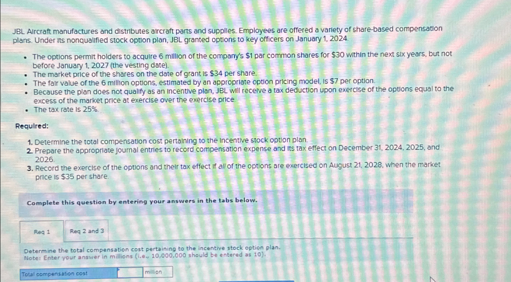 JBL Aircraft manufactures and distributes aircraft parts and supplies. Employees are offered a variety of share-based compensation
plans. Under its nonqualified stock option plan, JBL granted options to key officers on January 1, 2024
. The options permit holders to acquire 6 million of the company's $1 par common shares for $30 within the next six years, but not
before January 1, 2027 (the vesting date).
The market price of the shares on the date of grant is $34 per share.
The fair value of the 6 million options, estimated by an appropriate option pricing model, is $7 per option.
Because the plan does not qualify as an Incentive plan, JBL will receive a tax deduction upon exercise of the options equal to the
excess of the market price at exercise over the exercise price.
The tax rate is 25%.
Required:
1. Determine the total compensation cost pertaining to the Incentive stock option plan.
2. Prepare the appropriate journal entries to record compensation expense and its tax effect on December 31, 2024, 2025, and
2026.
3. Record the exercise of the options and their tax effect if all of the options are exercised on August 21, 2028, when the market
price is $35 per share.
Complete this question by entering your answers in the tabs below.
Req 1
Req 2 and 3
Determine the total compensation cost pertaining to the incentive stock option plan.
Note: Enter your answer in millions (i.e., 10,000,000 should be entered as 10).
Total compensation cost
million