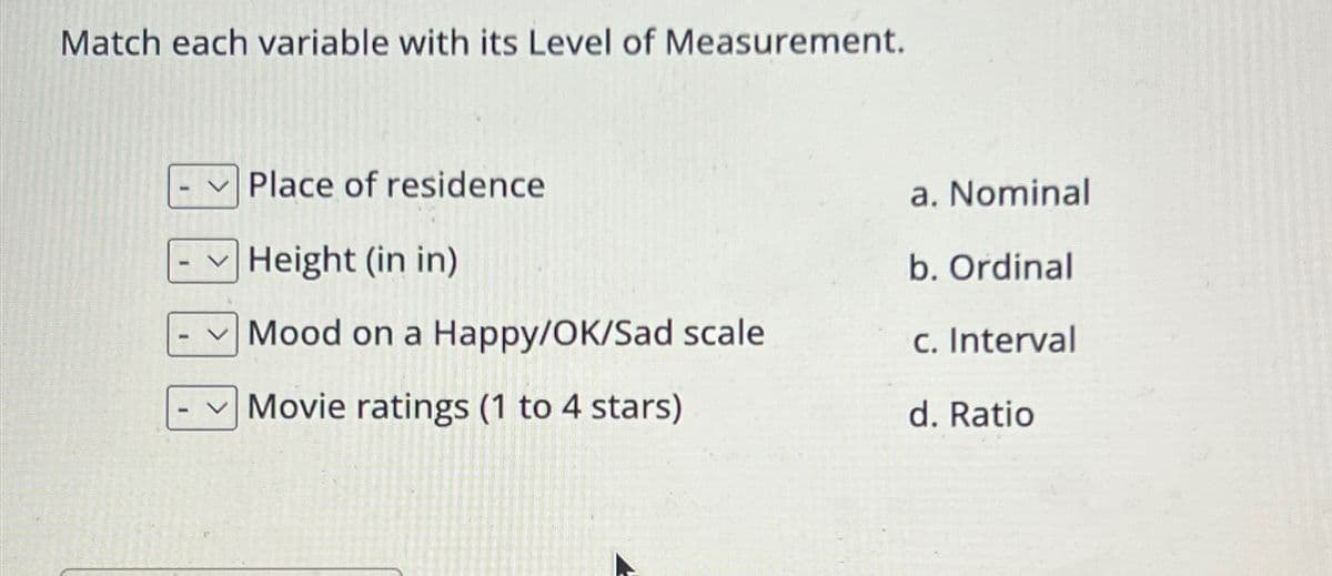 Match each variable with its Level of Measurement.
Place of residence
a. Nominal
Height (in in)
b. Ordinal
Mood on a Happy/OK/Sad scale
c. Interval
Movie ratings (1 to 4 stars)
d. Ratio