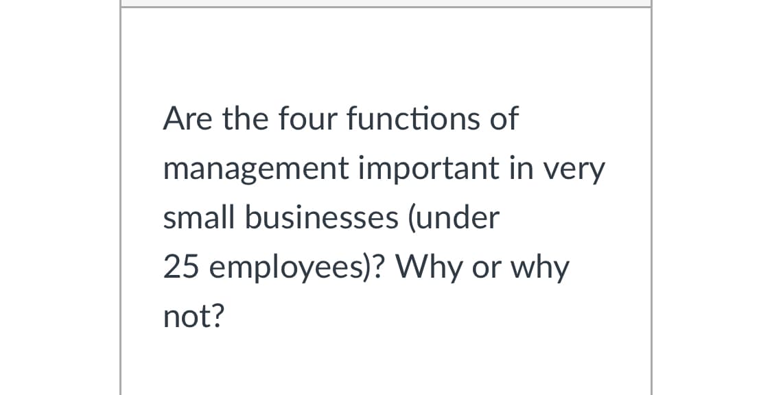 Are the four functions of
management important in very
small businesses (under
25 employees)? Why or why
not?