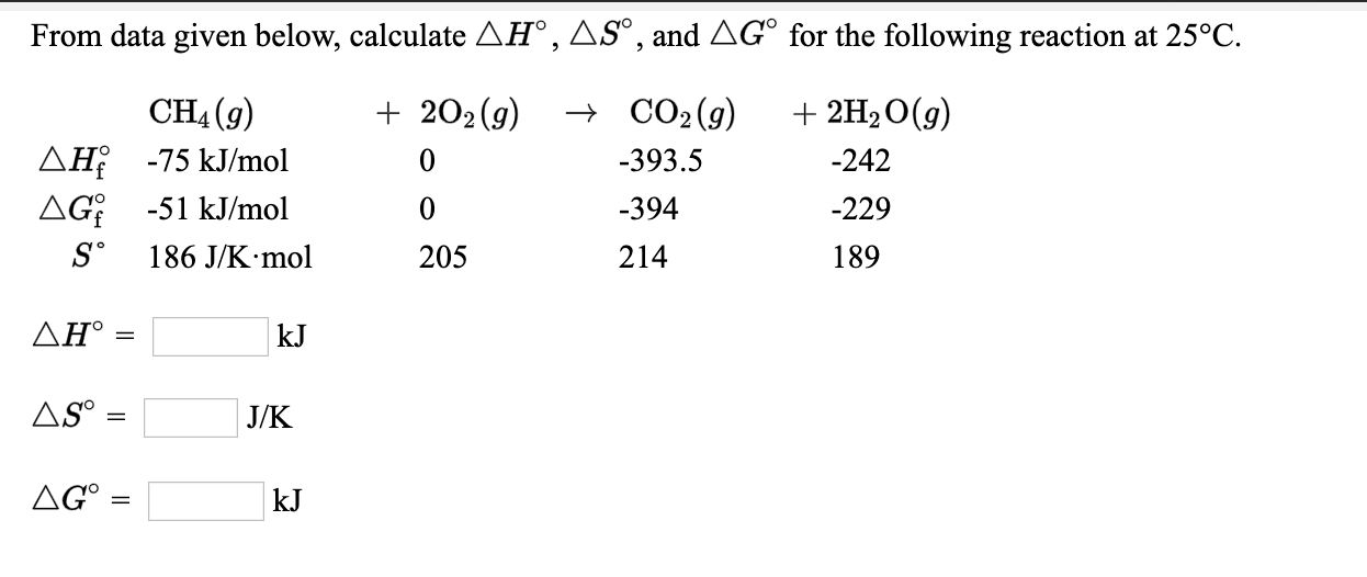From data given below, calculate AH°, AS°, and AG° for the following reaction at 25°C.
CH4 (g)
+ 202(g)
→ CO2(g)
+ 2H2O(g)
AH -75 kJ/mol
AG -51 kJ/mol
186 J/K mol
-393.5
-242
-394
-229
S°
205
214
189
ΔΗ'
kJ
AS
J/K
AG° =
kJ

