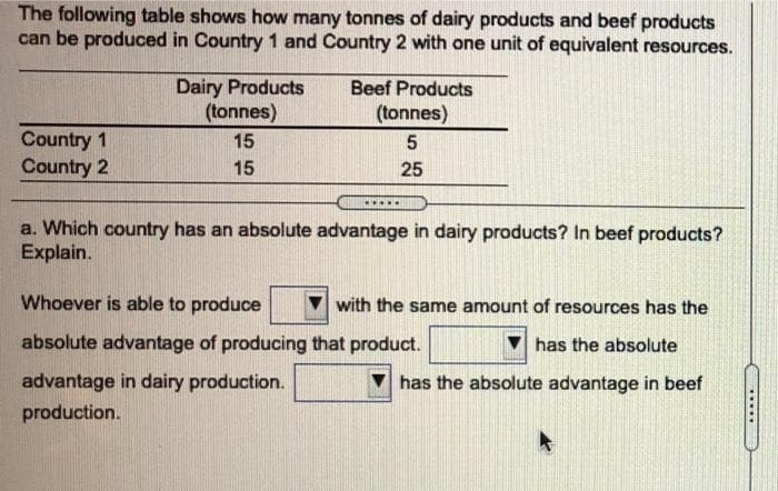 The following table shows how many tonnes of dairy products and beef products
can be produced in Country 1 and Country 2 with one unit of equivalent resources.
Country 1
Country 2
Dairy Products
(tonnes)
15
15
Beef Products
(tonnes)
5
25
.....
a. Which country has an absolute advantage in dairy products? In beef products?
Explain.
Whoever is able to produce
absolute advantage of producing that product.
advantage in dairy production.
production.
with the same amount of resources has the
has the absolute
has the absolute advantage in beef
A
*****
