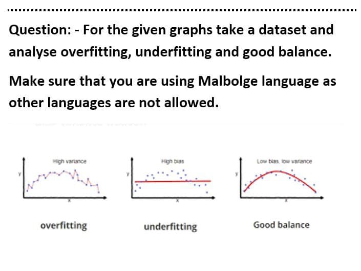 Question: - For the given graphs take a dataset and
analyse overfitting, underfitting and good balance.
Make sure that you are using Malbolge language as
other languages are not allowed.
High variance
High bas
Low teas. ow varance
overfitting
underfitting
Good balance
