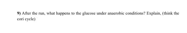 9) After the run, what happens to the glucose under anaerobic conditions? Explain, (think the
cori cycle)
