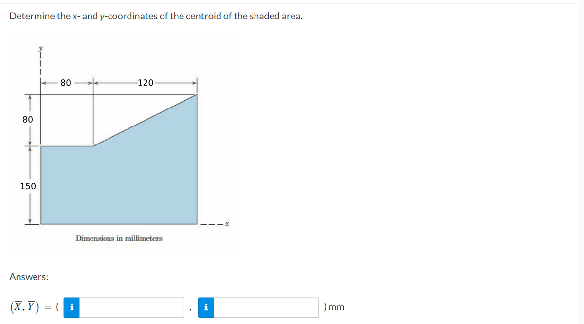 Determine the x- and y-coordinates of the centroid of the shaded area.
80
-120
80
150
Dimensions in millimeters
Answers:
(X,Y) = ( i
) mm
i
