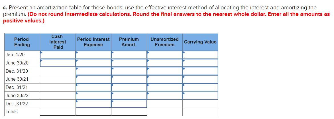 c. Present an amortization table for these bonds; use the effective interest method of allocating the interest and amortizing the
premium. (Do not round intermediate calculations. Round the final answers to the nearest whole dollar. Enter all the amounts as
positive values.)
Cash
Period Interest
Expense
Period
Premium
Unamortized
Interest
Carrying Value
Ending
Amort.
Premium
Paid
Jan. 1/20
June 30/20
Dec. 31/20
June 30/21
Dec. 31/21
June 30/22
Dec. 31/22
Totals
