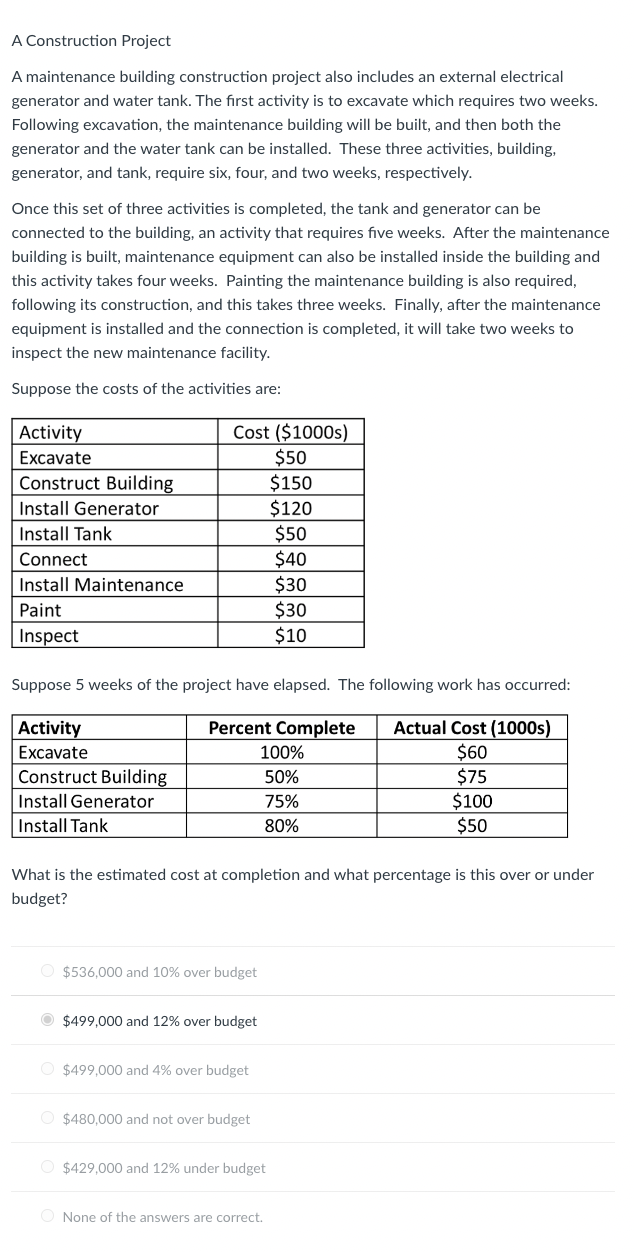 A Construction Project
A maintenance building construction project also includes an external electrical
generator and water tank. The first activity is to excavate which requires two weeks.
Following excavation, the maintenance building will be built, and then both the
generator and the water tank can be installed. These three activities, building,
generator, and tank, require six, four, and two weeks, respectively.
Once this set of three activities is completed, the tank and generator can be
connected to the building, an activity that requires five weeks. After the maintenance
building is built, maintenance equipment can also be installed inside the building and
this activity takes four weeks. Painting the maintenance building is also required,
following its construction, and this takes three weeks. Finally, after the maintenance
equipment is installed and the connection is completed, it will take two weeks to
inspect the new maintenance facility.
Suppose the costs of the activities are:
Activity
Excavate
Construct Building
Install Generator
Install Tank
Connect
Install Maintenance
Paint
Inspect
Suppose 5 weeks of the project have elapsed. The following work has occurred:
Activity
Percent Complete
Actual Cost (1000s)
Excavate
$60
Construct Building
$75
$100
$50
Install Generator
Install Tank
Cost ($1000s)
$50
$150
$120
$50
$40
$30
$30
$10
What is
budget?
estimated cost at completion and what percentage this over or unc
$536,000 and 10% over budget
$499,000 and 12% over budget
$499,000 and 4% over budget
100%
50%
75%
80%
$480,000 and not over budget
$429,000 and 12% under budget
None of the answers are correct.