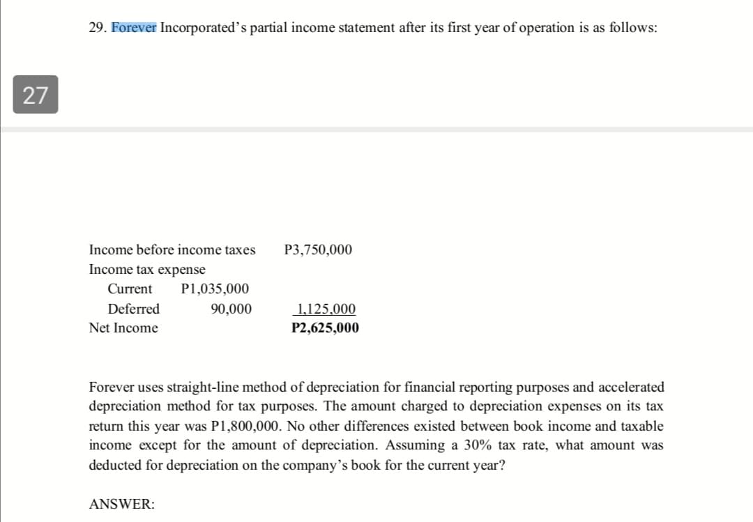 27
29. Forever Incorporated's partial income statement after its first year of operation is as follows:
Income before income taxes P3,750,000
Income tax expense
Current P1,035,000
Deferred
90,000
1,125,000
P2,625,000
Net Income
Forever uses straight-line method of depreciation for financial reporting purposes and accelerated
depreciation method for tax purposes. The amount charged to depreciation expenses on its tax
return this year was P1,800,000. No other differences existed between book income and taxable
income except for the amount of depreciation. Assuming a 30% tax rate, what amount was
deducted for depreciation on the company's book for the current year?
ANSWER: