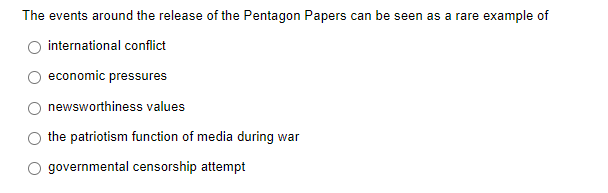 The events around the release of the Pentagon Papers can be seen as a rare example of
international conflict
economic pressures
newsworthiness values
the patriotism function of media during war
governmental censorship attempt