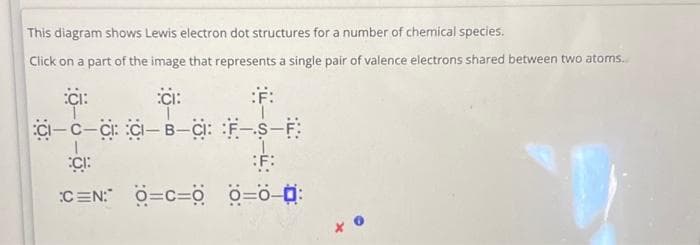 This diagram shows Lewis electron dot structures for a number of chemical species.
Click on a part of the image that represents a single pair of valence electrons shared between two atoms.
CI:
T
CI-C-CICI-B-C:
CI:
F-S-F
:F:
I
CI
C=N: O=C=0_0=0-0: