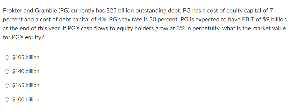 Prokter and Gramble (PG) currently has $25 billion outstanding debt. PG has a cost of equity capital of 7
percent and a cost of debt capital of 4%. PG's tax rate is 30 percent. PG is expected to have EBIT of $9 billion
at the end of this year. If PG's cash flows to equity holders grow at 3% in perpetuity, what is the market value
for PG's equity?
O $105 billion
O $140 billion
$165 billion
O $100 billion