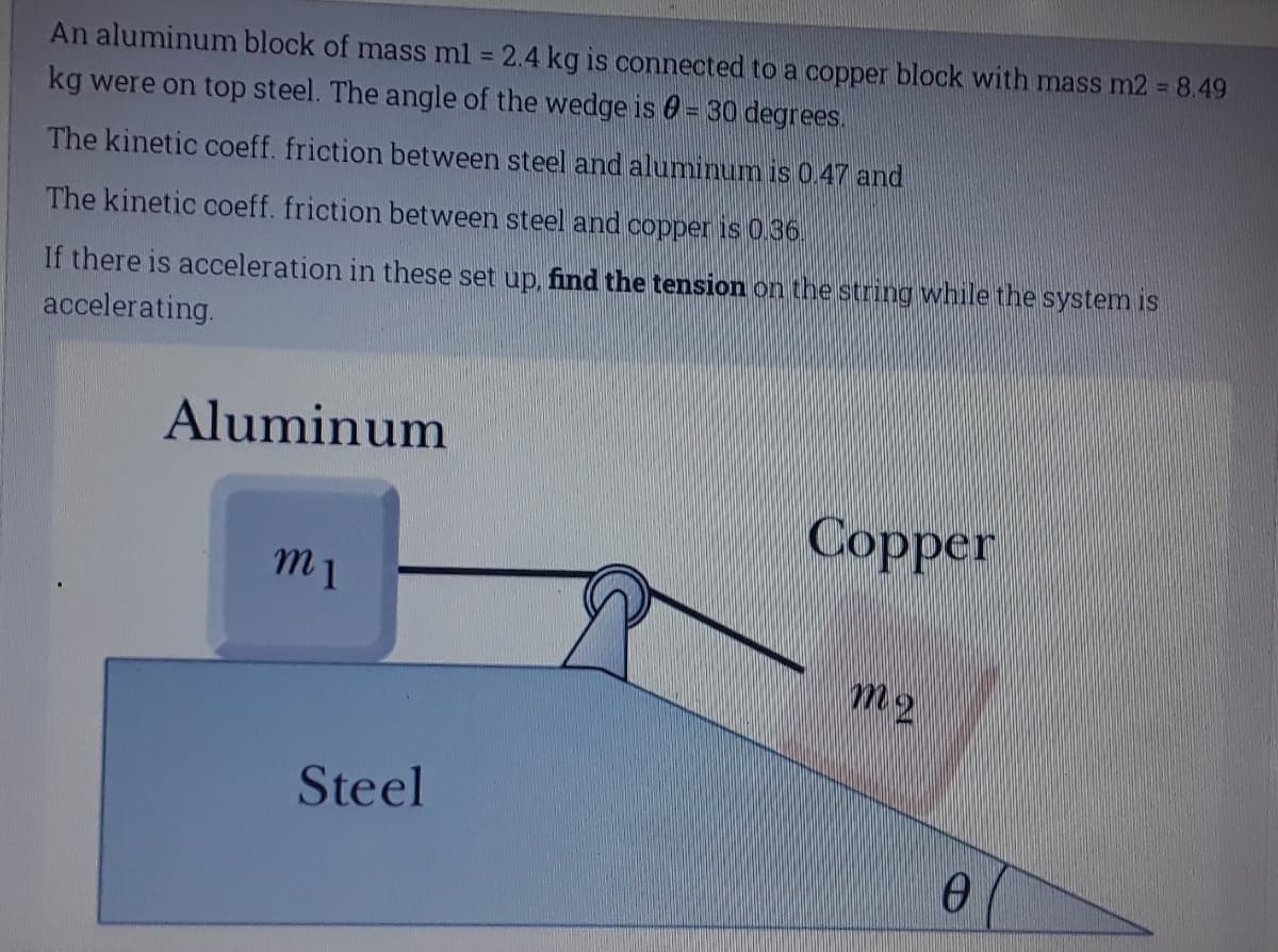 An aluminum block of mass ml 2.4 kg is connected to a copper block with mass m2 = 8.49
kg were on top steel. The angle of the wedge is 0 = 30 degrees.
The kinetic coeff. friction between steel and aluminum is 0.47 and
The kinetic coeff. friction between steel and copper is 0.36.
If there is acceleration in these set up, find the tension on the string while the system is
accelerating.
Aluminum
Сopper
m2
Steel
