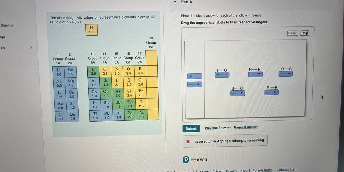 Sharing
ngs
ols
>
The electronegativity values of representative elements in group 1A
(1) to group 7A (17)
1
2
Group Group
1A
2A
Li
1.0
Na
0.9
K
0.8
Rb
0.8
Cs
0.7
Be
1.5
Mg
1.2
Ca
1.0
Sr
1.0
Ba
0.9
H
2.1
13 14
15
16 17
Group Group Group Group Group
3A
4A 5A 6A 7A
B
2.0
C
2.5
Al
1.5 1.8
Si P
2.1
ΤΙ
1.8
Ga Ge As
1.6
1.8 2.0
N
3.0
In Sn
1.7
Pb
1.9
O
3.5
Sb
Te
1.8 1.9 2.1
Bi
1.9
S
2.5
Se
2.4
Po
2.0
F
4.0
Cl
3.0
Br
2.8
I
2.5
At
2.1
18
Group
8A
Part A
Show the dipole arrow for each of the following bonds.
Drag the appropriate labels to their respective targets.
00
P-O
S-CI
P Pearson
N-F
Submit Previous Answers Request Answer
X Incorrect; Try Again; 4 attempts remaining
P-F
Reset Help
O-CI
Torms of Use | Privacy Policy | Permissions | Contact Us |