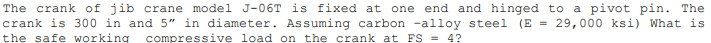 The crank of jib crane model J-06T is fixed at one end and hinged to a pivot pin. The
crank is 300 in and 5" in diameter. Assuming carbon -alloy steel (E = 29,000 ksi) What is
the safe working compressive load on the crank at FS = 4?