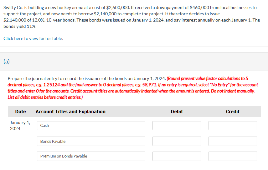 Swifty Co. is building a new hockey arena at a cost of $2,600,000. It received a downpayment of $460,000 from local businesses to
support the project, and now needs to borrow $2,140,000 to complete the project. It therefore decides to issue
$2,140,000 of 12.0%, 10-year bonds. These bonds were issued on January 1, 2024, and pay interest annually on each January 1. The
bonds yield 11%.
Click here to view factor table.
(a)
Prepare the journal entry to record the issuance of the bonds on January 1, 2024. (Round present value factor calculations to 5
decimal places, e.g. 1.25124 and the final answer to 0 decimal places, e.g. 58,971. If no entry is required, select "No Entry" for the account
titles and enter o for the amounts. Credit account titles are automatically indented when the amount is entered. Do not indent manually.
List all debit entries before credit entries.)
Date
January 1,
2024
Account Titles and Explanation
Cash
Bonds Payable
Premium on Bonds Payable
Debit
Credit
III