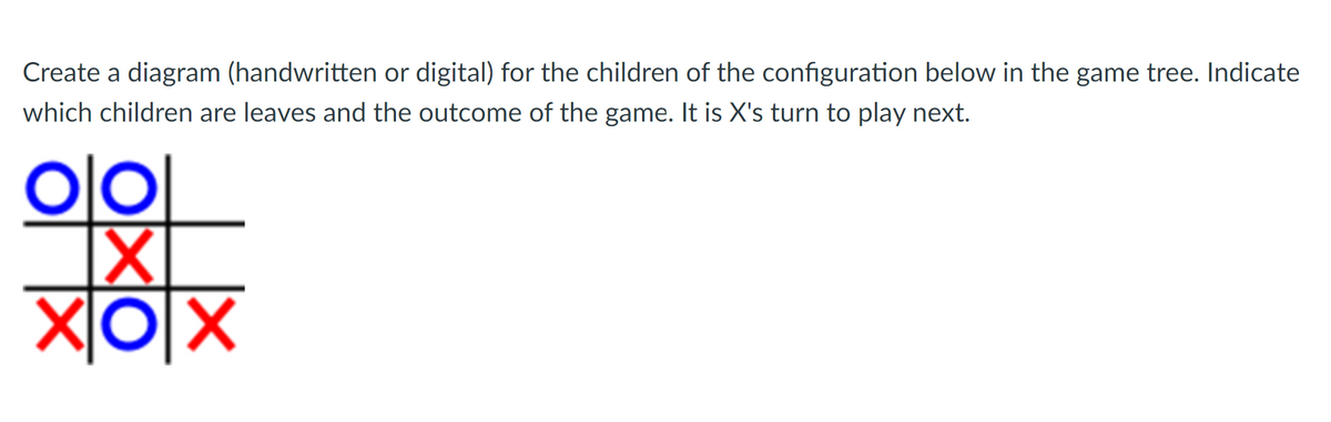 Create a diagram (handwritten or digital) for the children of the configuration below in the game tree. Indicate
which children are leaves and the outcome of the game. It is X's turn to play next.
O|0|
XI0|X
