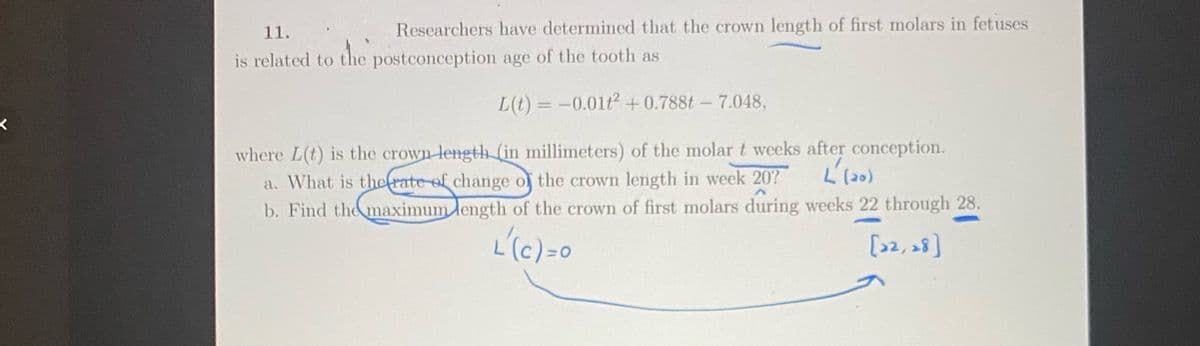 Researchers have determined that the crown length of first molars in fetuses
dhe'
11.
is related to the postconception age of the tooth as
L(t) =
= -0.01t2 +0.788t-7.048,
%3D
where L(t) is the crown length (in millimeters) of the molar t weeks after conception.
a. What is thefrate of change ol the crown length in week 20?
b. Find the maximum length of the crown of first molars during weeks 22 through 28.
L (20)
L'(c)=0
