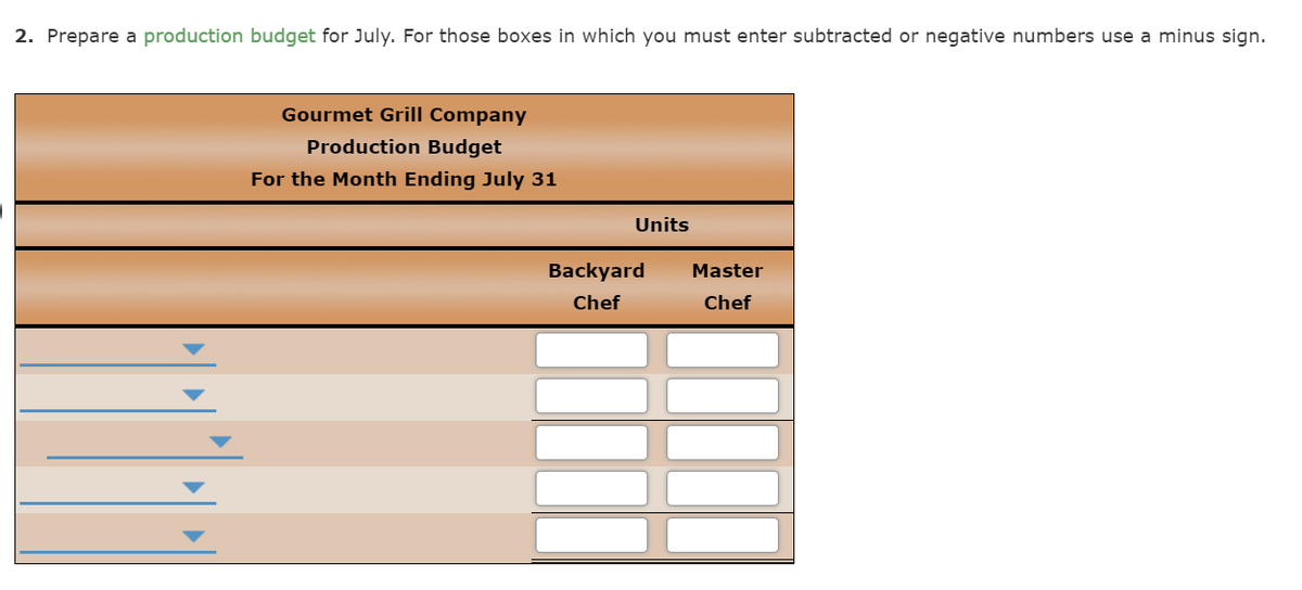2. Prepare a production budget for July. For those boxes in which you must enter subtracted or negative numbers use a minus sign.
Gourmet Grill Company
Production Budget
For the Month Ending July 31
Units
Backyard
Master
Chef
Chef
